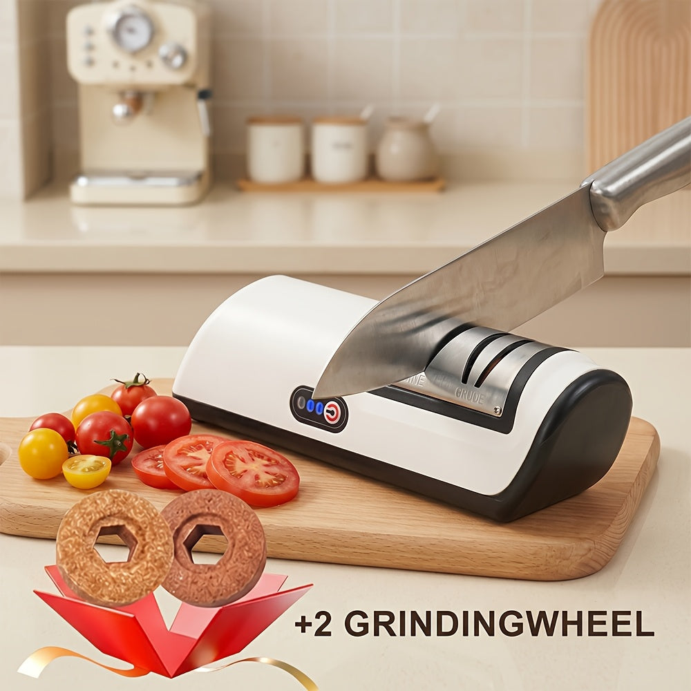 Two-Stage Electric Knife Sharpener in White or Pink with Two Extra Sanding Wheels Included