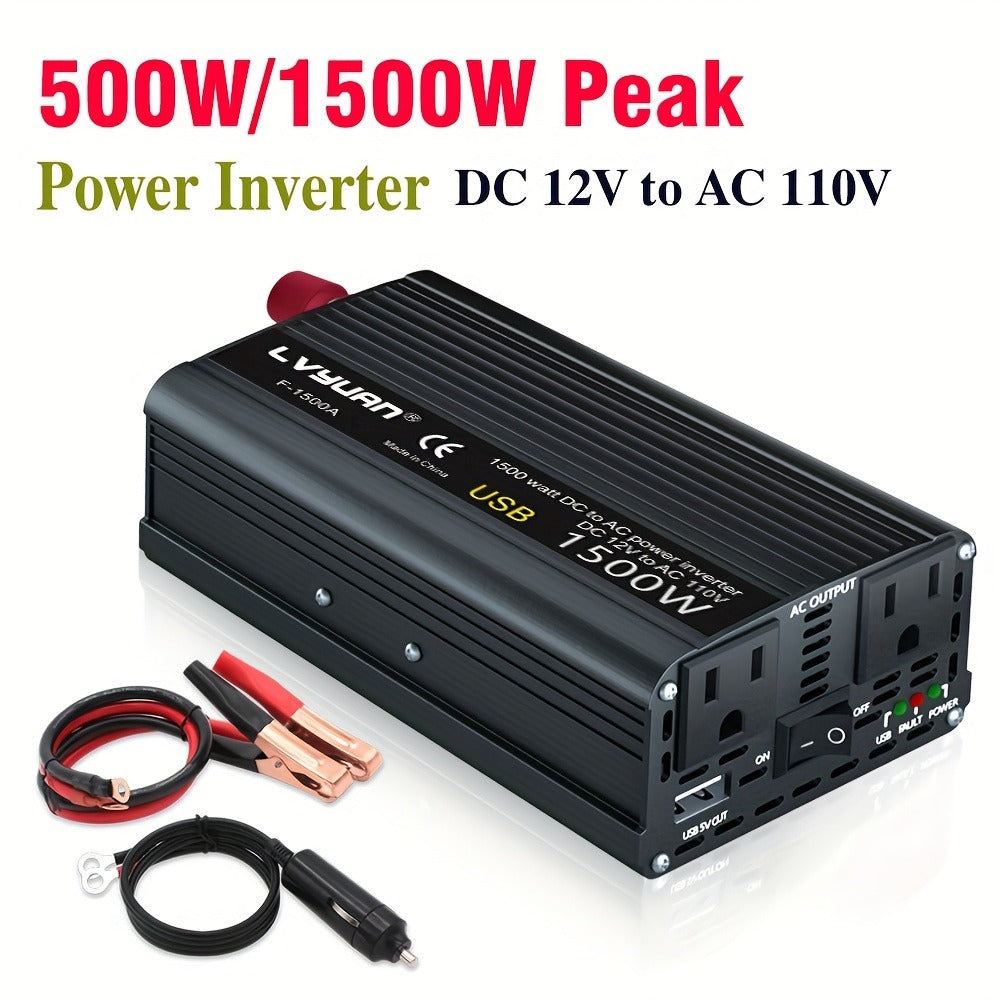 Car Power Inverter 500W 12V to 110V AC Outlet Converter with QC3.0 USB Port for Vehicle Boat Truck RV Portable Auto Power Adapter 200W Rated American Standard Socket Black Red