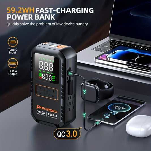 Portable Jump Starter 5000A 7-in-1 with Air Compressor 150PSI, Battery Booster for Car 7.0L Gas/6.0L Diesel, QC3.0 Power Bank, LCD Display & LED Emergency Light