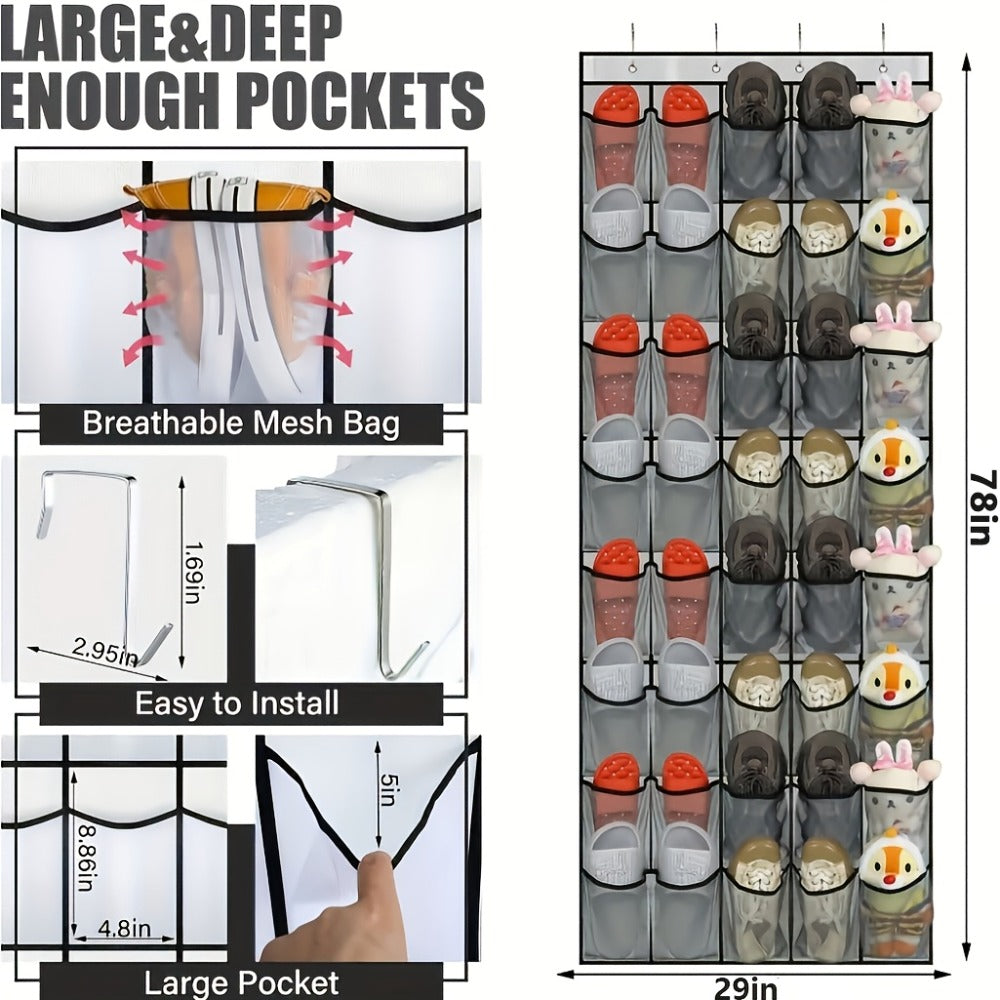 Over the Door Shoe Organizer 40 Pockets with 4 Hooks – Durable Fabric Hanging Shoe Storage for Closet, Entryway & Bedroom – Space-Saving Door Shoe Rack in Gray, White & Black