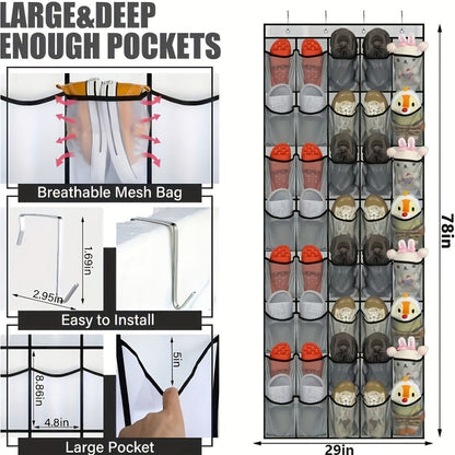 Over the Door Shoe Organizer 40 Pockets with 4 Hooks – Durable Fabric Hanging Shoe Storage for Closet, Entryway & Bedroom – Space-Saving Door Shoe Rack in Gray, White & Black