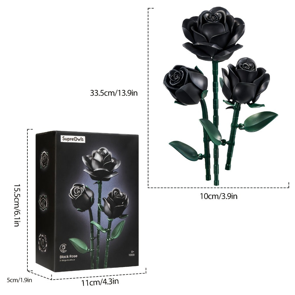 Building Block Set Black Rose Bouquet, 152-Piece Three-Flower Model with Adjustable Stems and Leaves for Display