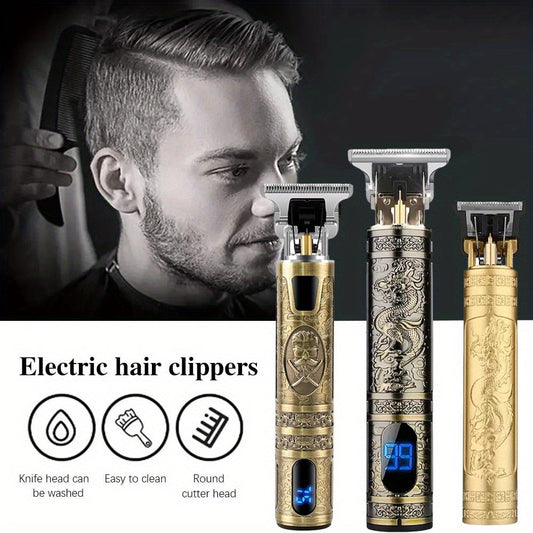 Hair Clipper Vintage T-Blade Cordless Trimmer with LCD Power Display and Dragon or Buddha Designs