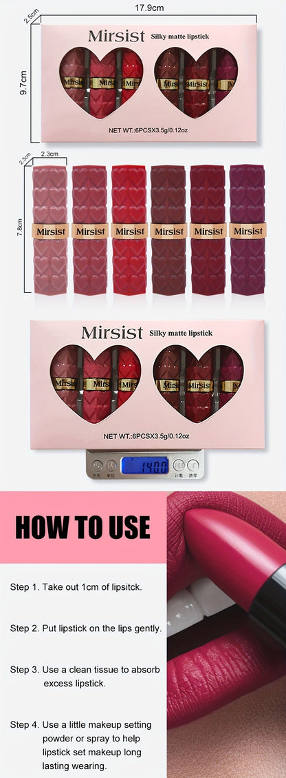 Lipstick Set, Mirsist 6-Piece Silky Matte Bullet Collection in Nude, Red, Brown, Berry and Plum Colors