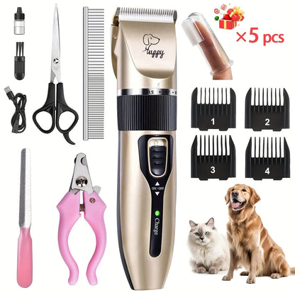Pet Hair Clipper Kit, Furry 12-in-1 USB-Rechargeable Trimmer with Adjustable Blade and Five Guide Combs