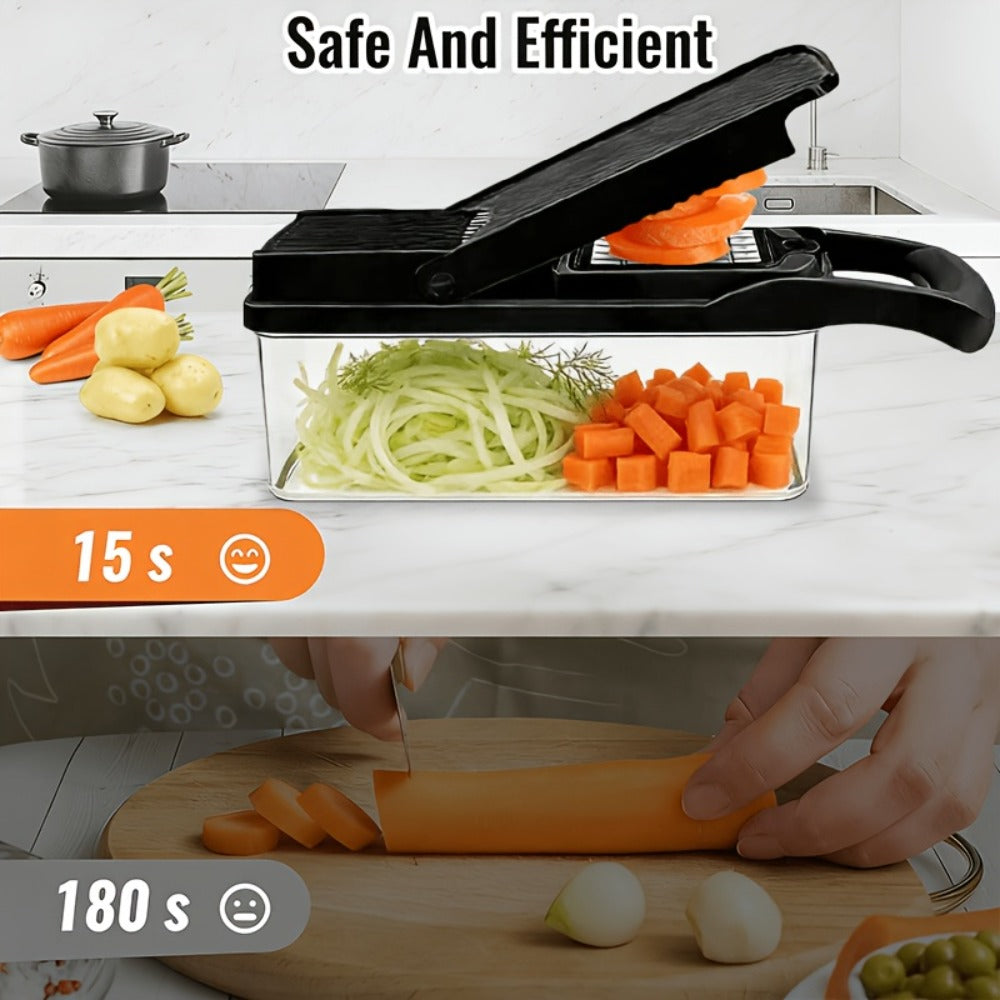 18-in-1 Vegetable Chopper and Mandoline Slicer with Clear Container, Eight Metal Blade Inserts and Hand Guard
