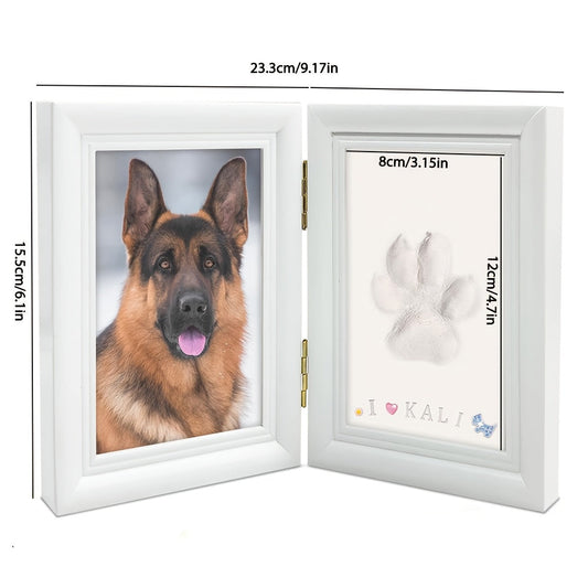 Pet Paw Print Frame Kit with Clay Impression – Wooden Photo Frame Keepsake for Dogs & Cats, Tabletop Memorial Gift, Home Decor Commemorative Set, White