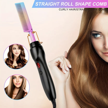 Electric Hot Comb Heated Beard Straightener Brush Fast Heating Anti-Scald Ceramic 2-in-1 Straightening Curling Comb for Men Women Natural Black Hair Wigs Portable Travel Styling Tool
