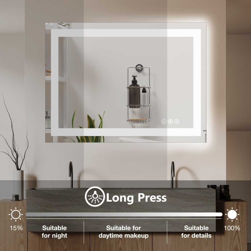 LED Bathroom Mirror with Anti-Fog – Dimmable Vanity Mirror, 3 Color Lighting Modes, Dual Light Source, Wall Mounted Horizontal or Vertical, Tempered Glass, Multiple Sizes