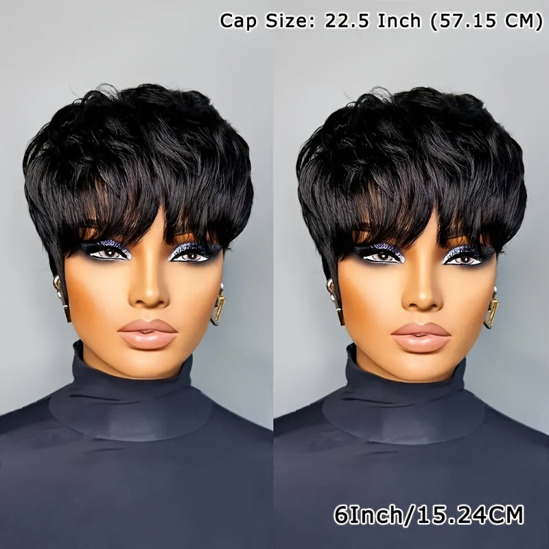 Human Hair Pixie Cut Wig with Bangs Glueless 180% Density Straight Black 6 Inch Rose Net Cap Machine Made Wig for African American Women