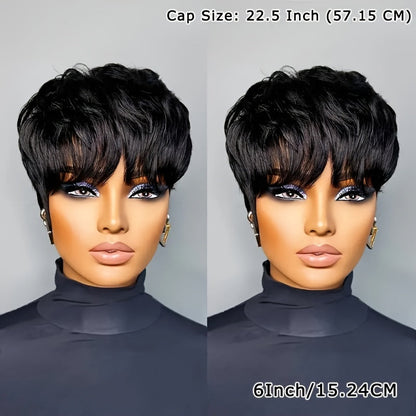 Human Hair Pixie Cut Wig with Bangs Glueless 180% Density Straight Black 6 Inch Rose Net Cap Machine Made Wig for African American Women