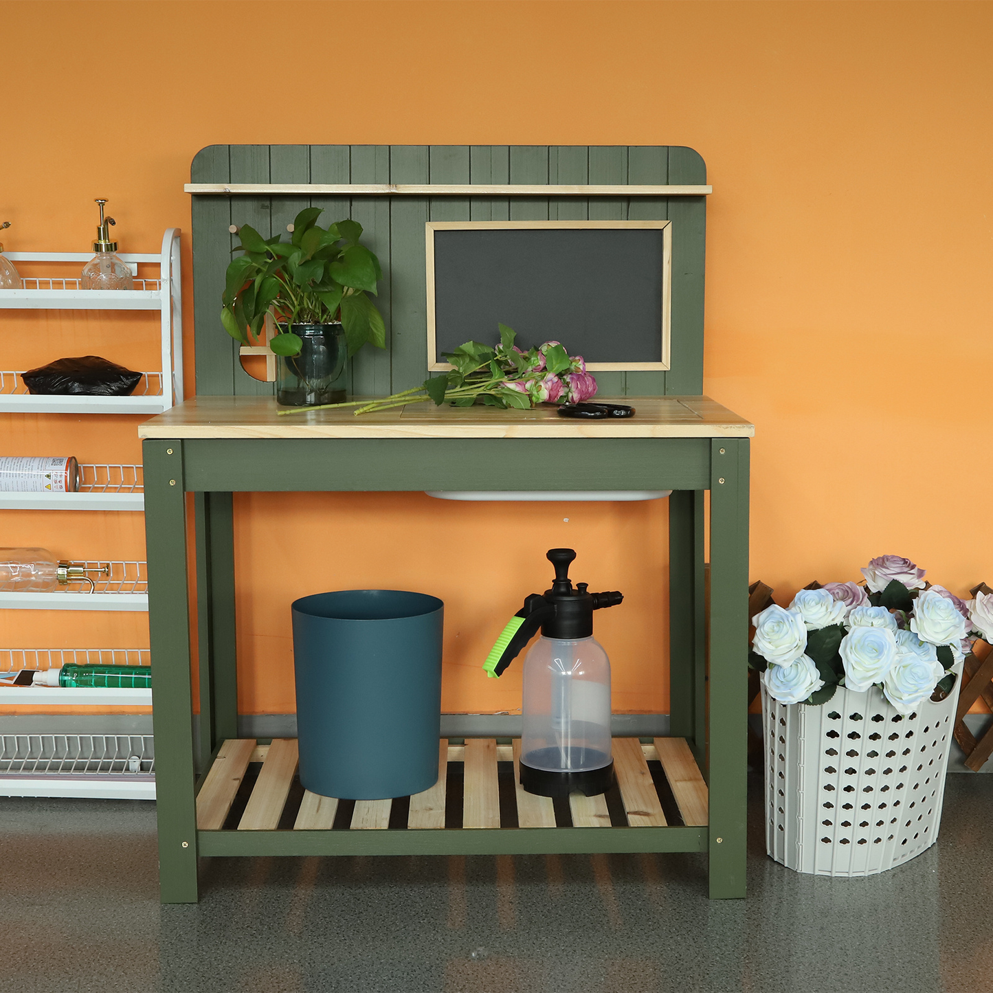 Potting Bench Table Cedar Wood Garden Workstation with Blackboard Removable Sink Hooks Double Shelf for Patio Balcony Courtyard Outdoor Planting Work Bench