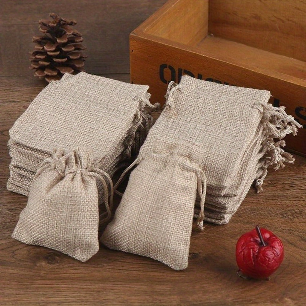 Natural Jute Drawstring Gift Bags, 50-Piece Set in 2.76 x 3.54 or 3.54 x 4.72 Inch Sizes for Favors and Small Gifts