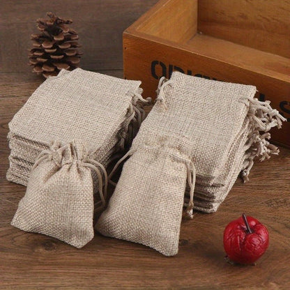 Natural Jute Drawstring Gift Bags, 50-Piece Set in 2.76 x 3.54 or 3.54 x 4.72 Inch Sizes for Favors and Small Gifts