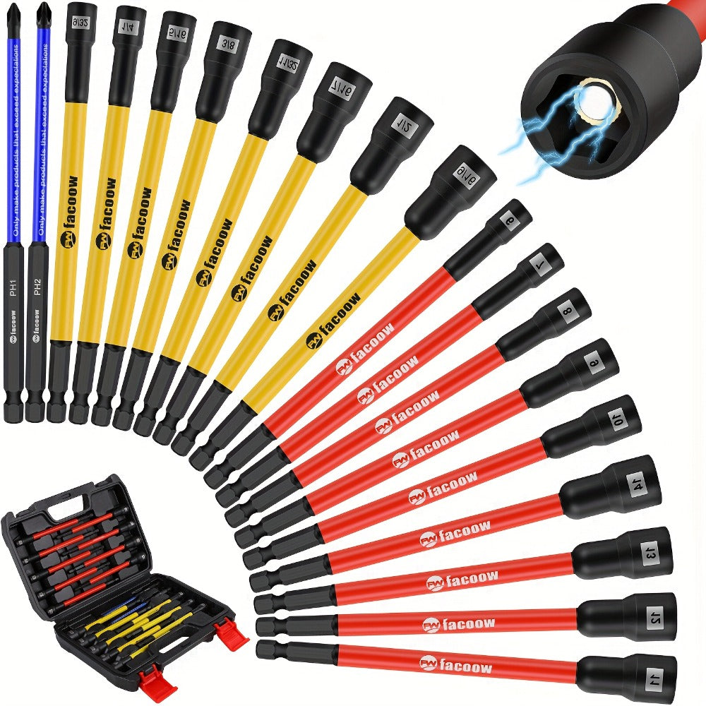 Nineteen-Piece Magnetic SAE and Metric Nut Driver Set with Six-Inch Hex Shanks and Storage Case