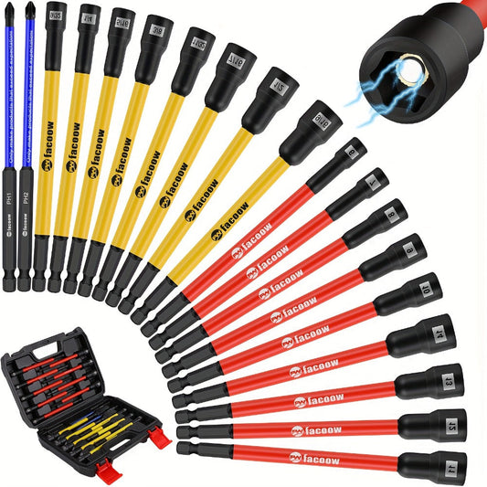 Magnetic Nut Driver Set 19PCS – SAE & Metric | 1/4" Hex Shank 6" Long | PH1 & PH2 for Impact Drills | Magnetic Socket Set with Sturdy Tool Case | Professional & DIY Projects