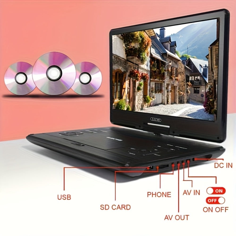 Portable DVD Player 14.1 Inch HD Screen, AV IN/OUT Sync TV & Projector, 270° Rotating Screen, Region Free, USB SD Card, Remote Control, 6-Hour Battery, Dual Speakers for Car Home Travel