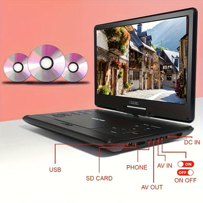 Portable DVD Player 14.1 Inch HD Screen, AV IN/OUT Sync TV & Projector, 270° Rotating Screen, Region Free, USB SD Card, Remote Control, 6-Hour Battery, Dual Speakers for Car Home Travel