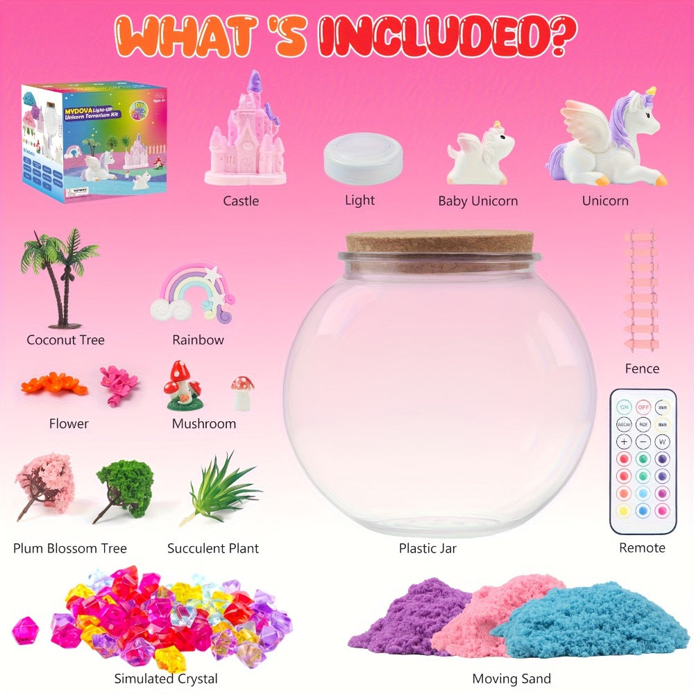 Unicorn Terrarium Craft Kit with Decorative Globe, Multicolor LED Light, Remote and Layered Sand Accessories