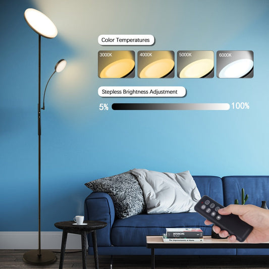 LED Floor Lamp with Reading Light – 27W 2300LM Dimmable Torchiere Standing Lamp, 4 Color Temperatures, Remote & Touch Control, Metal Base for Living Room Bedroom Home Office (Black/White)