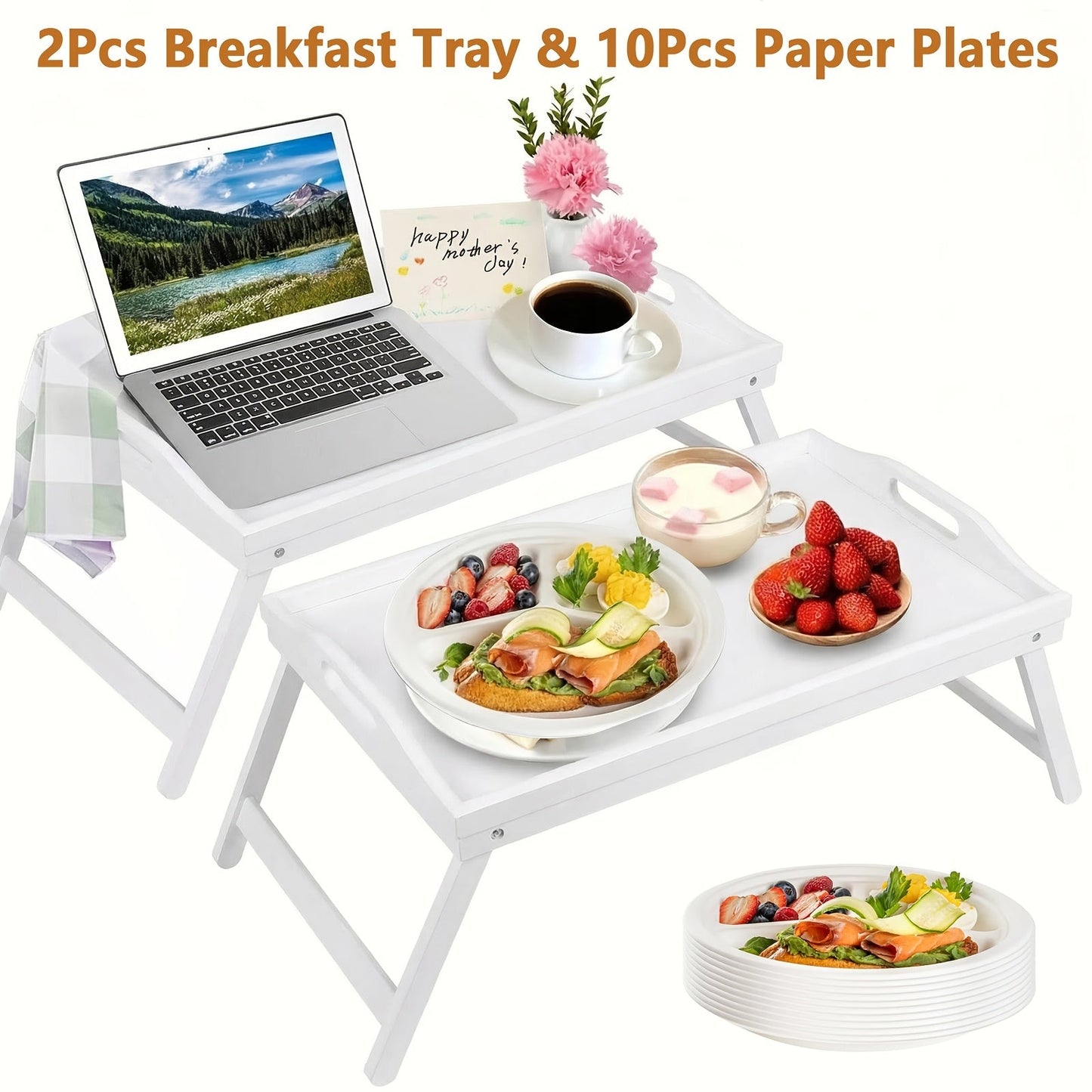 Bamboo Breakfast Tray with Folding Legs & Handles 2 Pack – Extra Wide Foldable Bed Tray Table for Eating, Working & Drawing on Sofa or Bed, Food-Safe Natural Bamboo with 10 Paper Plates
