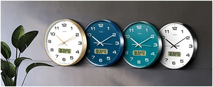 Round Analog Wall Clock with LCD Calendar and Temperature Window, Four Colors and 10- or 12-Inch Sizes
