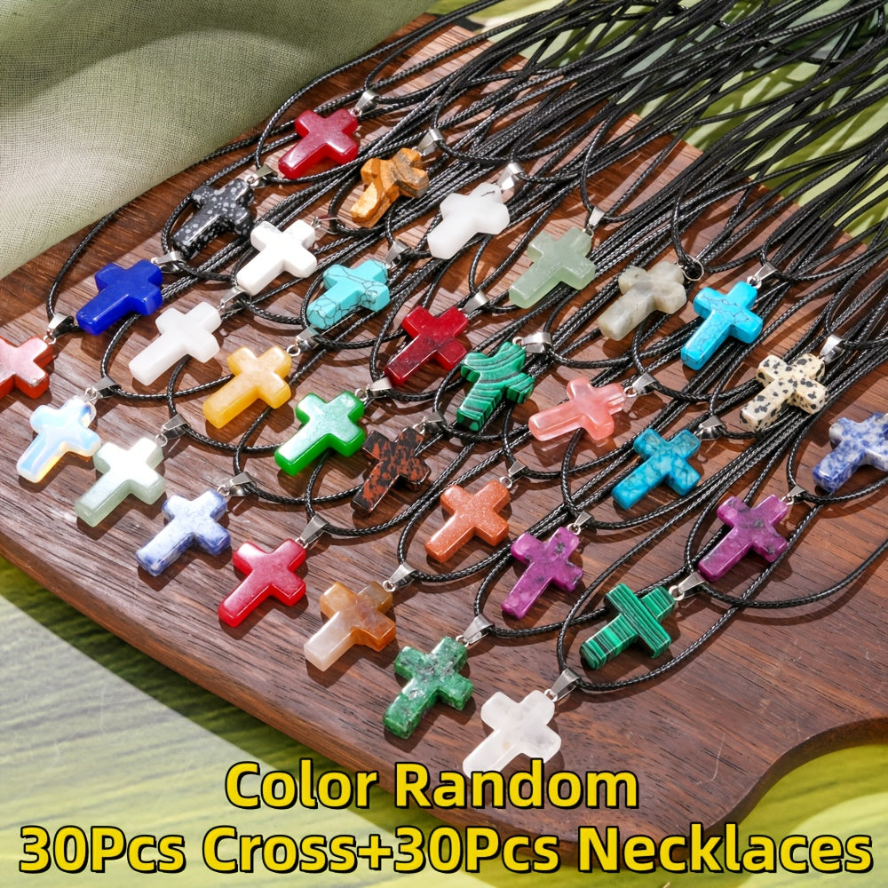 Pendant and Cord Jewelry Making Set with 30 Colored Point, Cross or Heart Pendants and 30 Black Necklaces