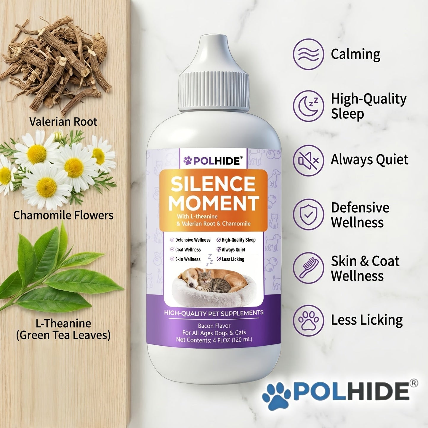 Pet Calming Liquid Supplement for Dogs & Cats 4oz – L-Theanine & Herbal Formula, Reduces Anxiety from Thunderstorms & Fireworks, Supports Sleep, Coat & Skin Health, Bacon Flavor, All Ages