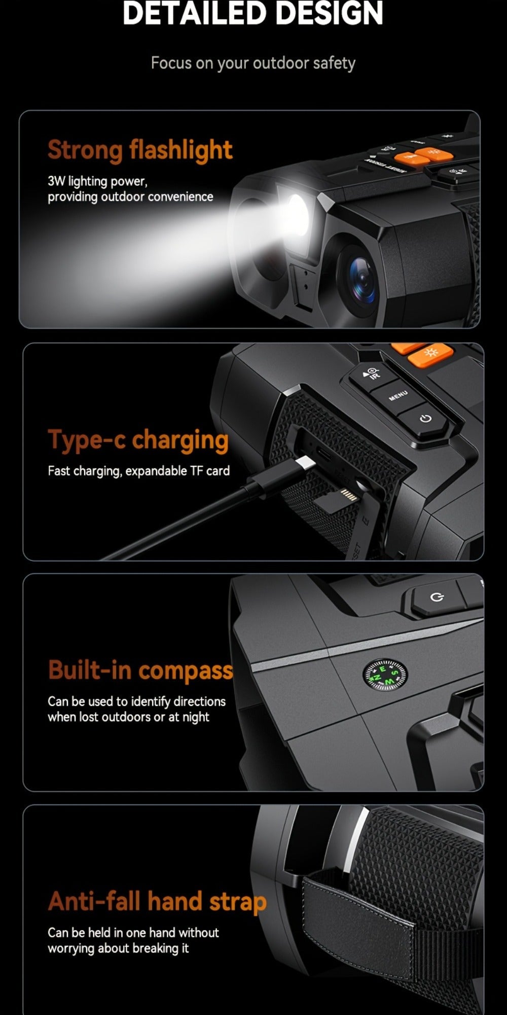 Black Digital Night Vision Binoculars with 4.5-Inch Screen, 10X Digital Zoom, Seven IR Levels and 5000mAh Battery