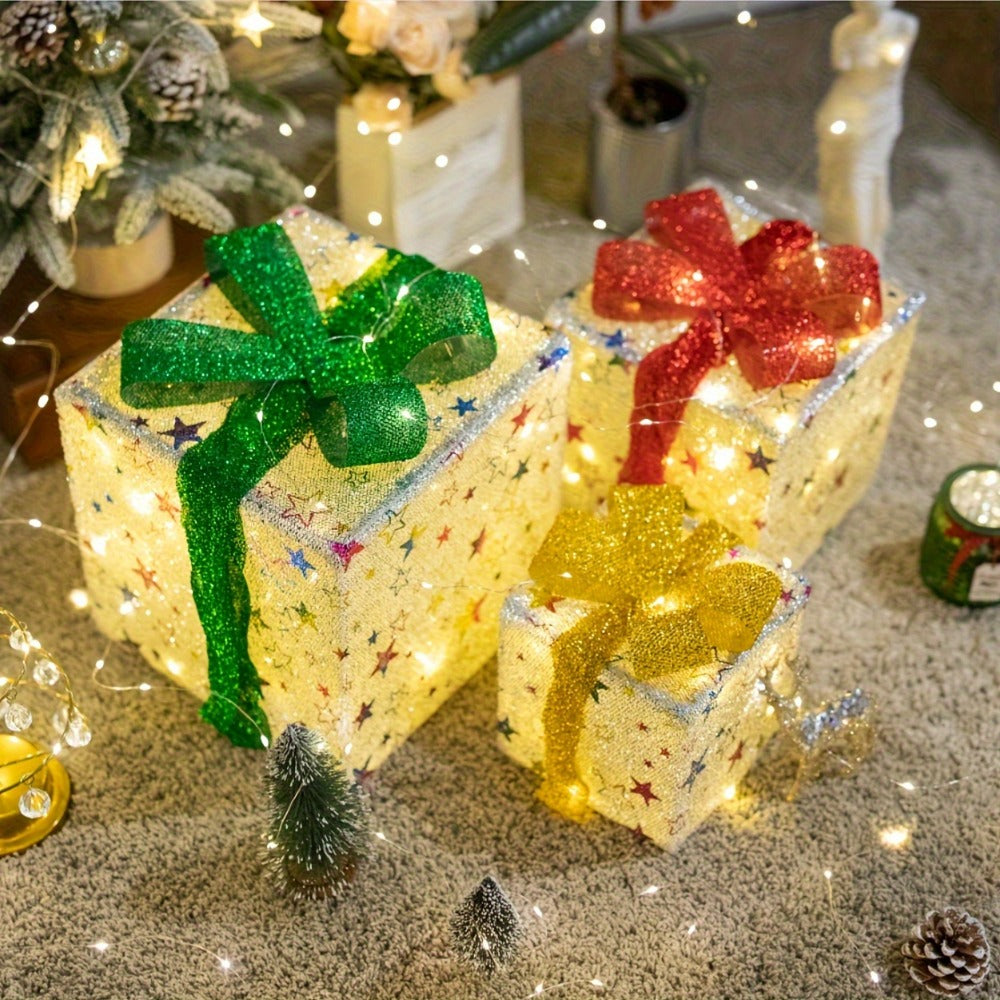 Three-Piece Lighted Gift Box Decoration Set with LED String Lights, Bow Handles and Four Holiday Style Options