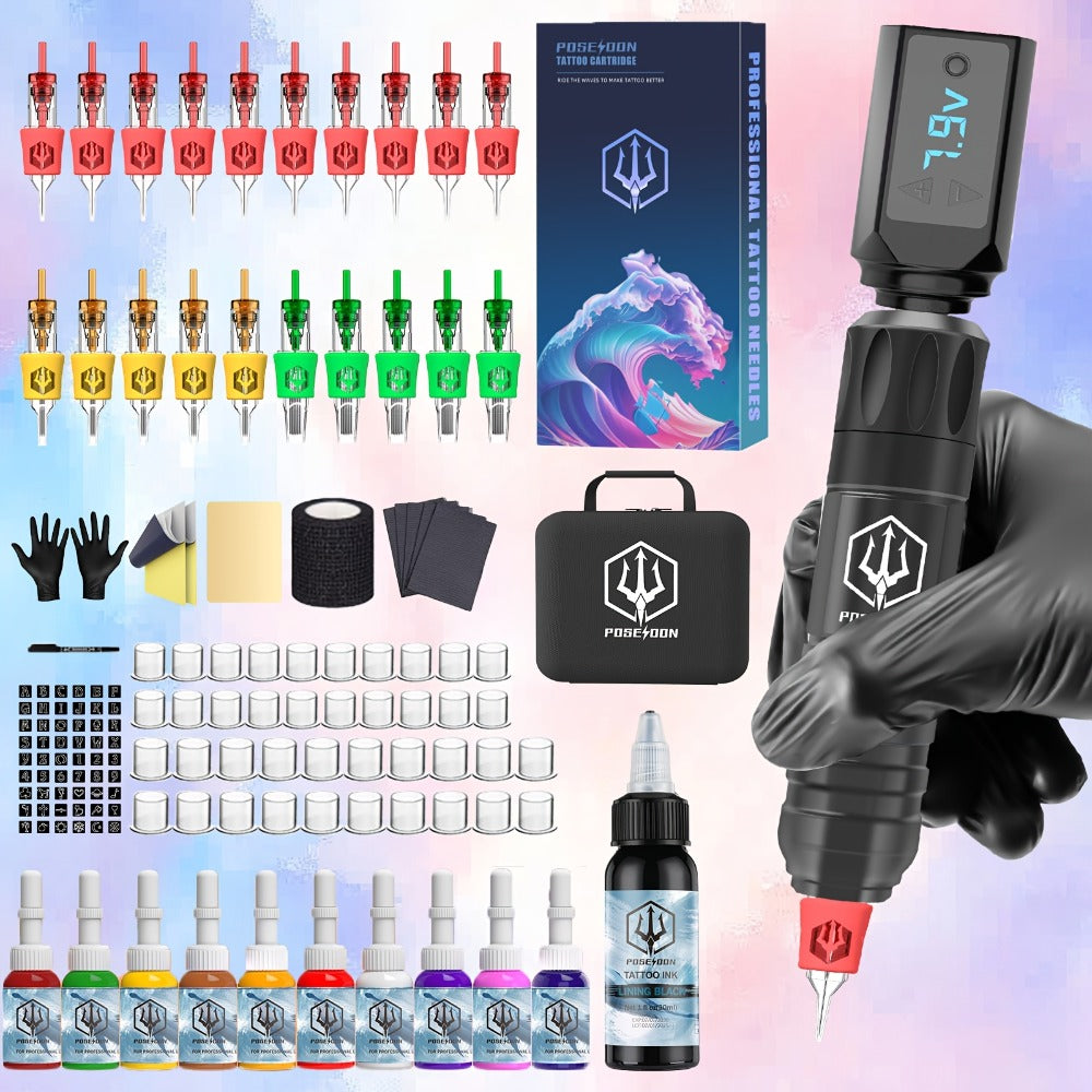 Tattoo Machine Kit POSEIDON TK035 Wireless Rotary Pen with LCD, 1500mAh Battery, 20 Cartridges and Practice Supplies