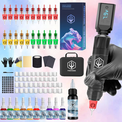 Tattoo Machine Kit POSEIDON TK035 Wireless Rotary Pen with LCD, 1500mAh Battery, 20 Cartridges and Practice Supplies