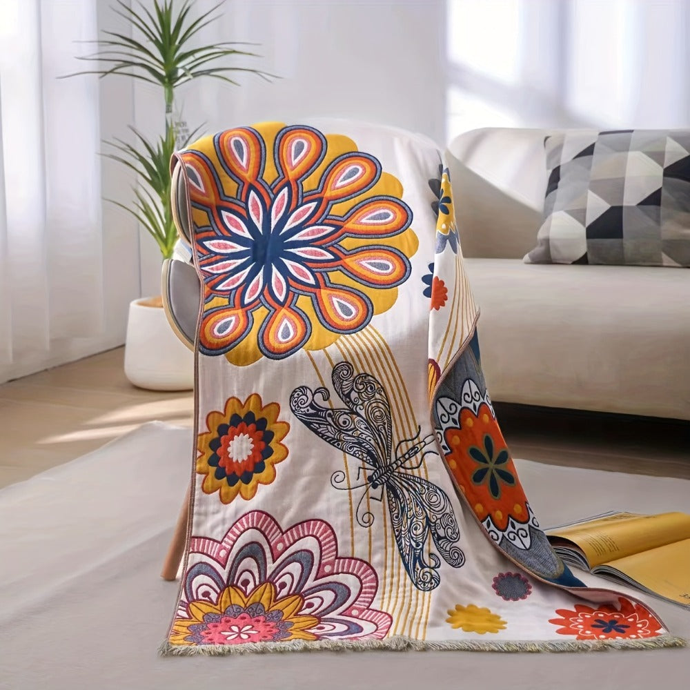 80 × 160 cm Printed Bath Towel with Six Patchwork, Dragonfly, Sunflower and Floral Patterns