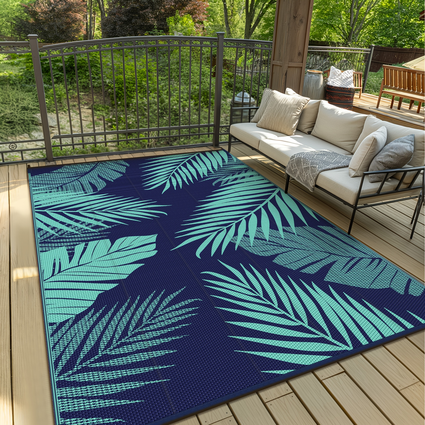 Reversible Outdoor Rug in Multiple Geometric, Border and Leaf Patterns with Displayed Sizes from 5 x 8 to 9 x 12 Feet