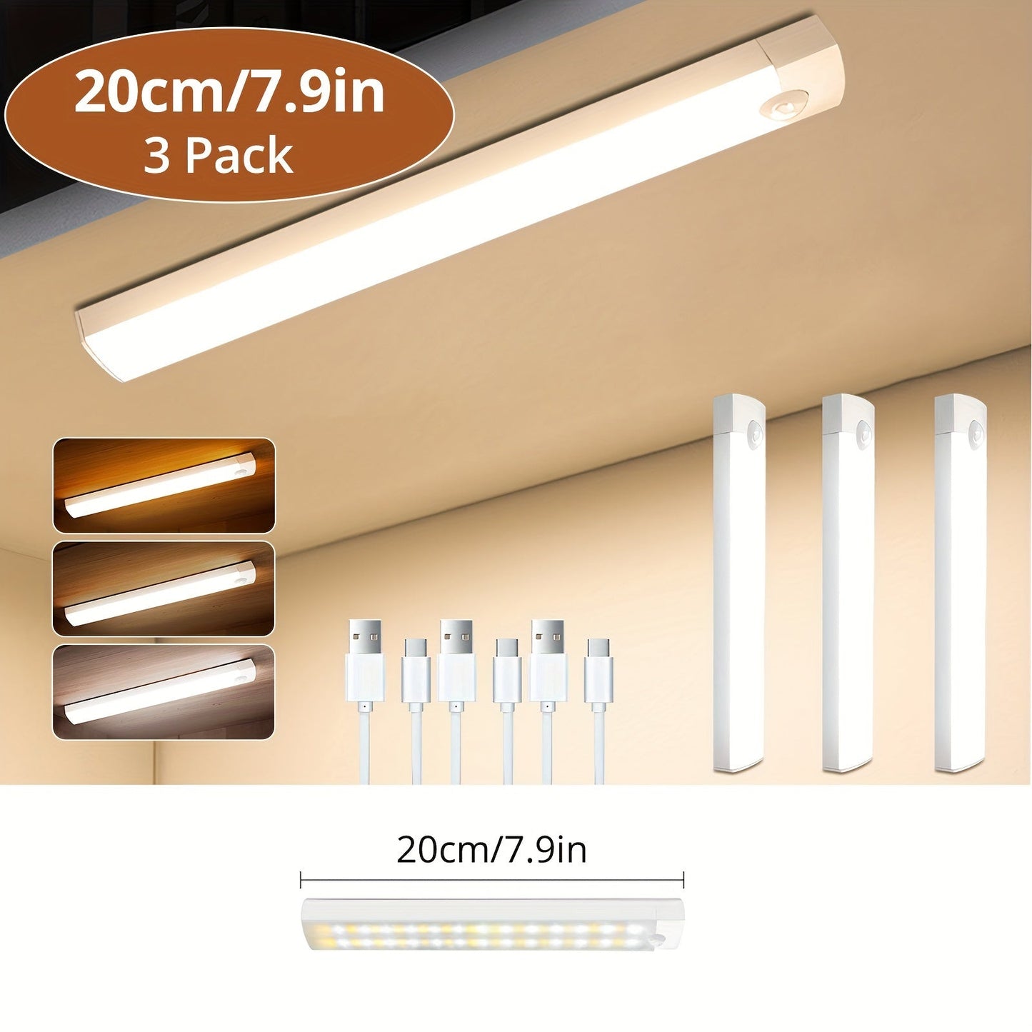 Motion Sensor Cabinet Light 3-Pack – 3-Color Temperature Dimmable Under Counter Closet Light, Wireless Magnetic USB Rechargeable for Kitchen, Wardrobe, Stairs, Hallway & Vanity (11cm / 20cm / 40cm)