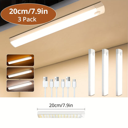 Motion Sensor Cabinet Light 3-Pack – 3-Color Temperature Dimmable Under Counter Closet Light, Wireless Magnetic USB Rechargeable for Kitchen, Wardrobe, Stairs, Hallway & Vanity (11cm / 20cm / 40cm)