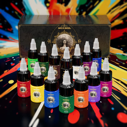 Tattoo Ink 14- or 21-Color Set with 0.5oz 15ml Bottles and Two Source Palette Choices for Color Selection