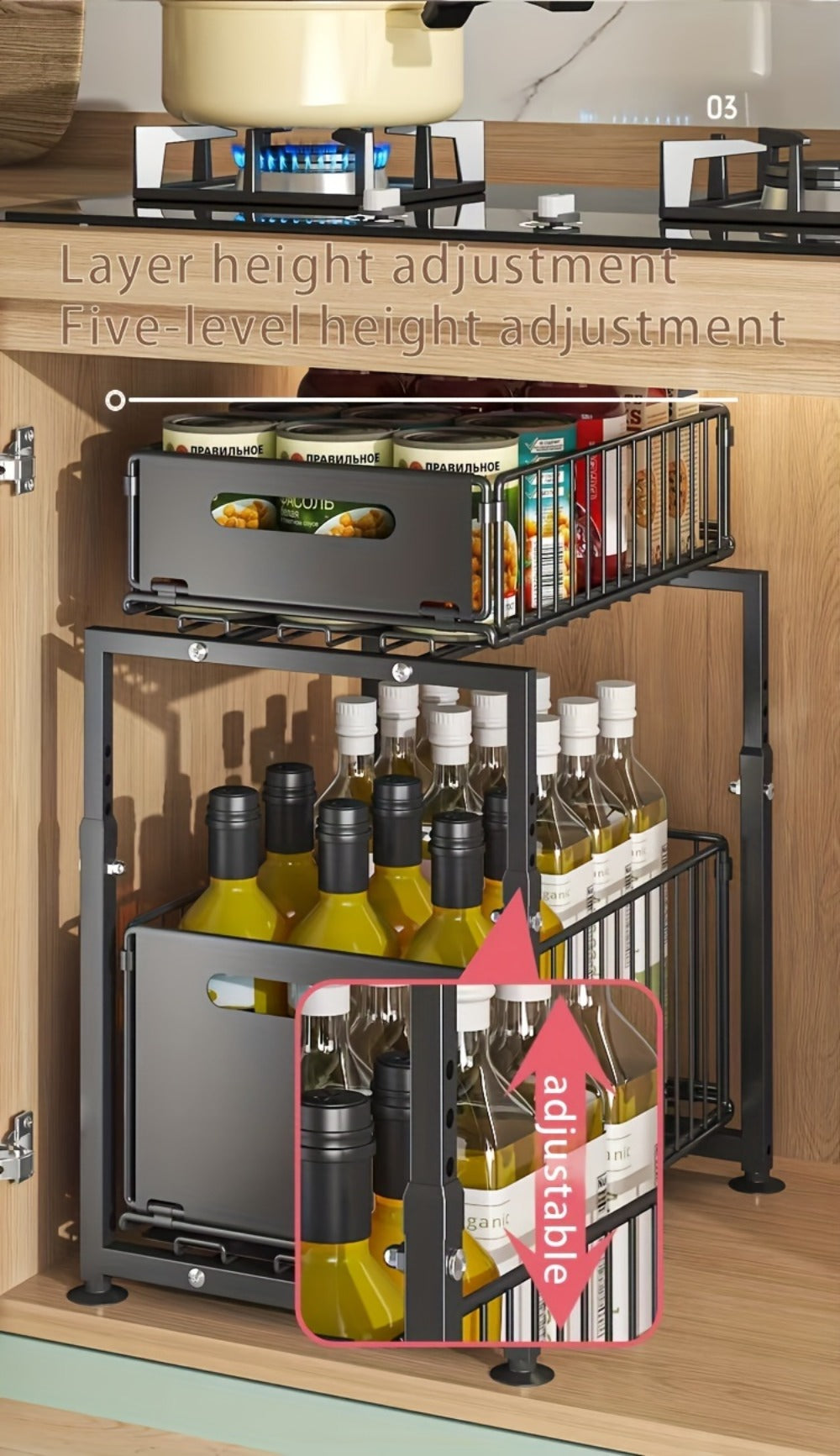 Two-Tier Under-Sink Cabinet Organizer with Sliding Metal Baskets in One- or Two-Piece Options