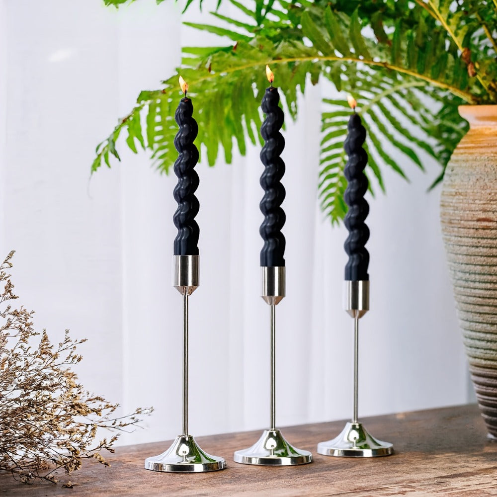 Candle Holder Set 12-Piece Metal Taper Stands in Three Heights with Gold, Silver or Black Finish Options