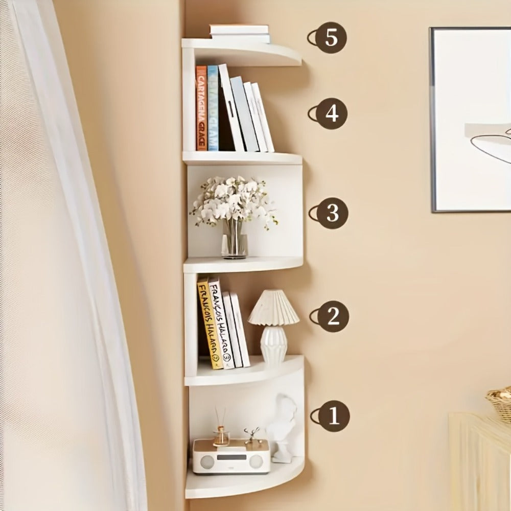5-Tier Wall-Mounted Corner Shelf – Space-Saving Floating Storage Organizer in White Acrylic for Bathroom, Living Room, Bedroom, Kitchen & Office, Decorative Corner Rack & Versatile Room Organizer