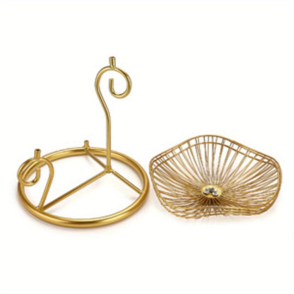 Three-Tier Golden Metal Wire Fruit Basket Stand with Lotus-Leaf Bowls, 46.5 cm Wide Countertop Design