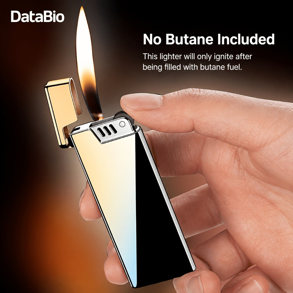 Ultra-Slim Wheel-Ignition Butane Lighter with Adjustable Open Flame in Black or Colorful Ice Finish