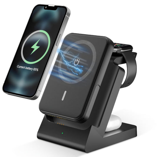 3-in-1 Wireless Charging Power Bank 15W for iPhone 17 16 15 14 13 12 Pro Max, Apple Watch Ultra Series 10 9 8 7 6 5 SE & AirPods 4 3 2 Pro – Portable Magnetic No-Outlet Travel Charger, White & Black