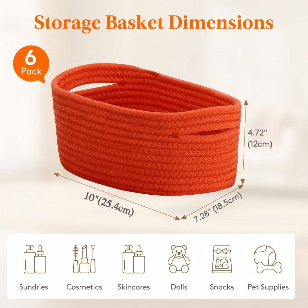 Basket Storage Organizer 6-Pack Cotton Rope Cube Bins 11 x 7 x 5 Inch in Five Color Options