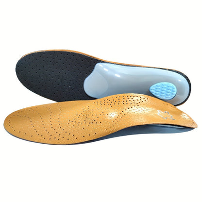 Brown Leather-Look Arch-Support Shoe Inserts with Blue Heel Cushion in Five Unisex Size Options