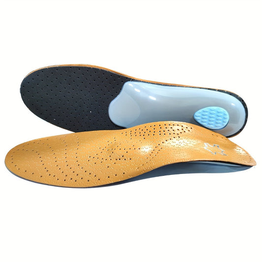 Brown Leather-Look Arch-Support Shoe Inserts with Blue Heel Cushion in Five Unisex Size Options