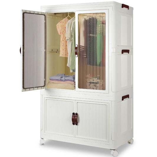 Portable Closet Wardrobe with Wheels & Hanging Rod – Foldable Clothes Cabinet with Doors, 10 Hangers, Stackable Storage Bins, 70 GAL Collapsible Plastic Wardrobe Organizer
