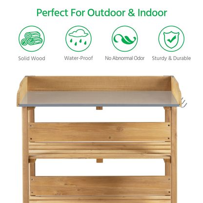 Rolling Potting Bench 3-Tier Wooden Garden Workstation Waist-High Galvanized Metal Top Lockable Casters Side Hooks Shelves for Outdoor Patio Gardening Storage