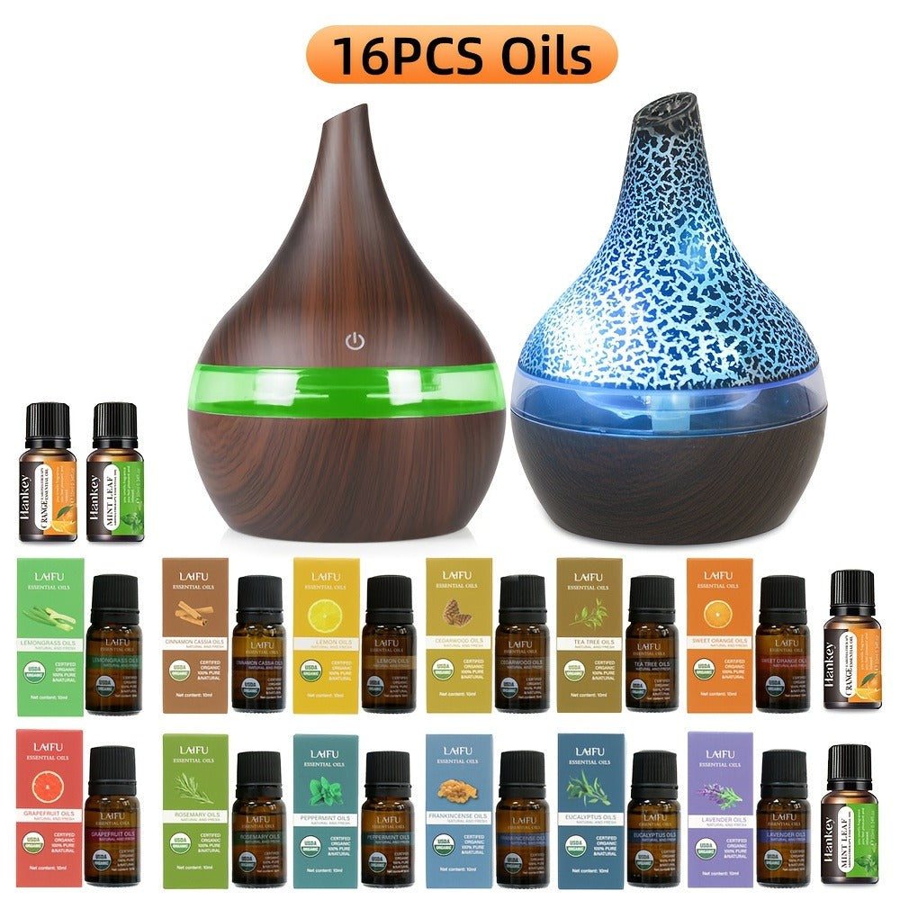 2-Pack 300ml Aroma Diffuser Set with Seven-Color Lights, 5V USB Power and 16 Included Oil Bottles