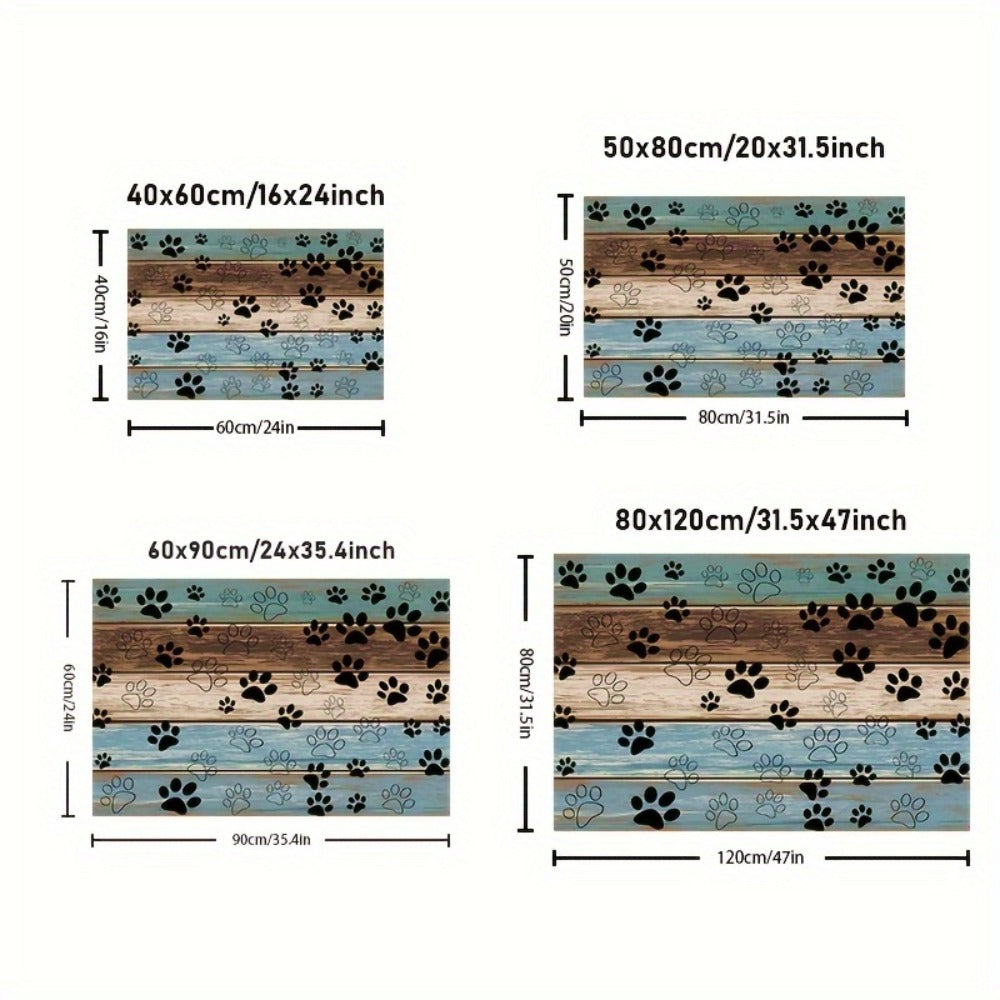 Cat Paw Print Door Mat with Blue and Brown Wood-Look Bands in Three Rectangular Entryway Sizes